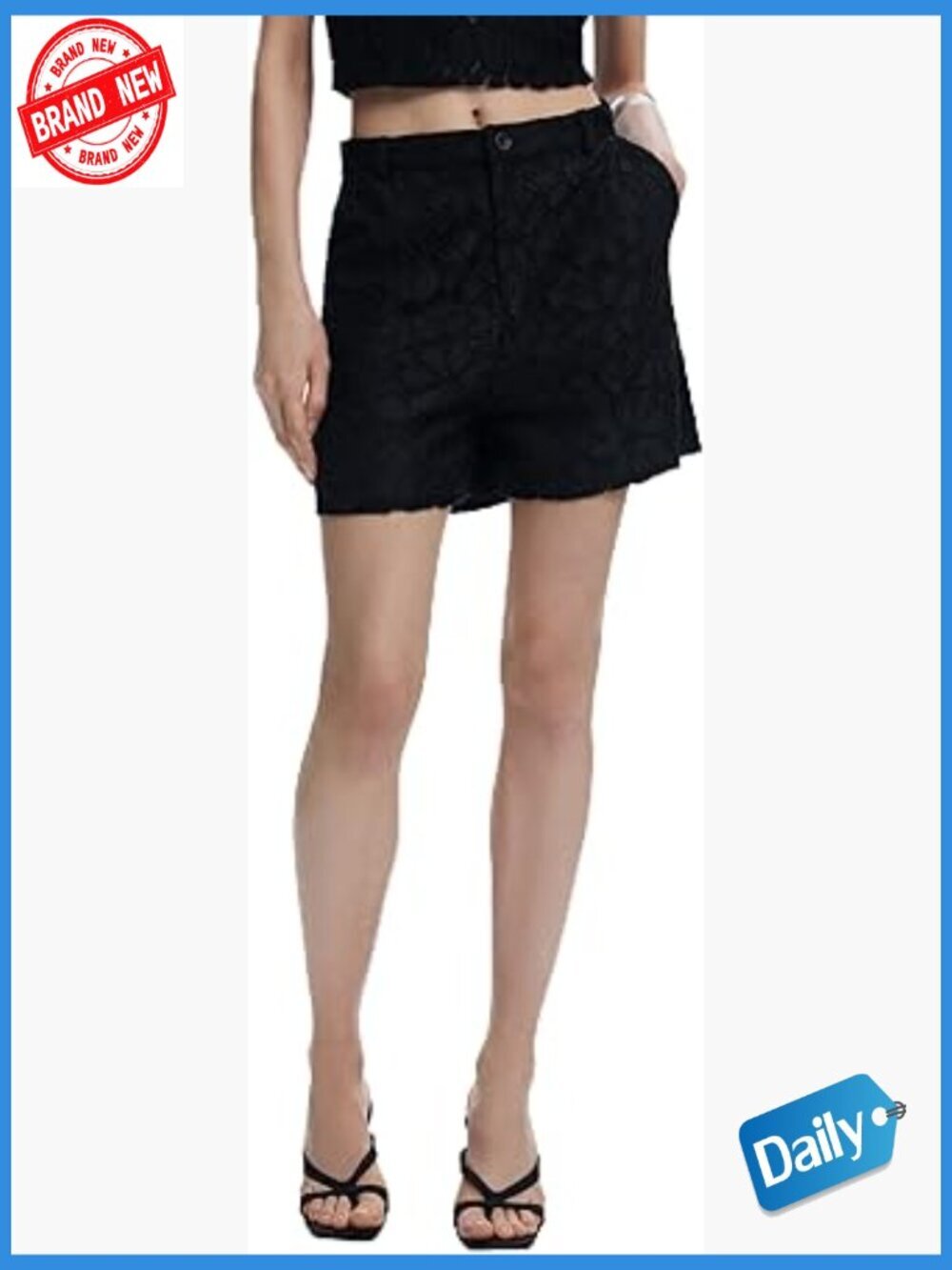 Lace Trim Mid Rise Shorts - Regular Fit Zipper Closure